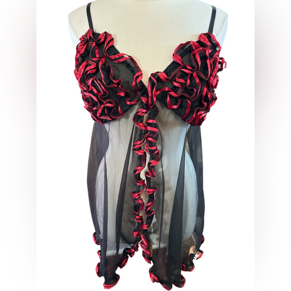 Juliara Vintage Sexy Black sheer Babydoll nightgown w/Red Ruffled Trim Size 2X - Picture 3 of 14